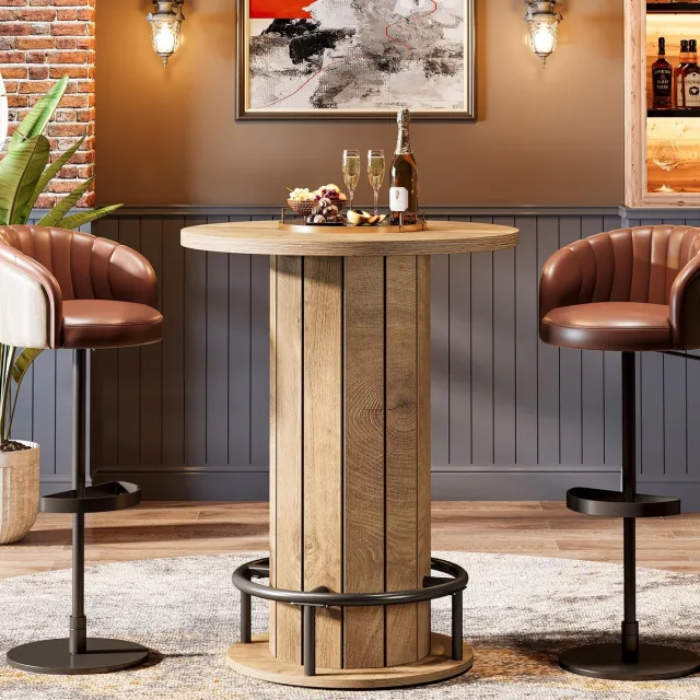 Little Trees LITTLE TREE Ronde Bartafel - Bistrotafel - Hout met metalen voetsteun - Lichtbruin - Modern - 100 cm hoog - Geschikt voor koffie, cocktail en woonruimtes