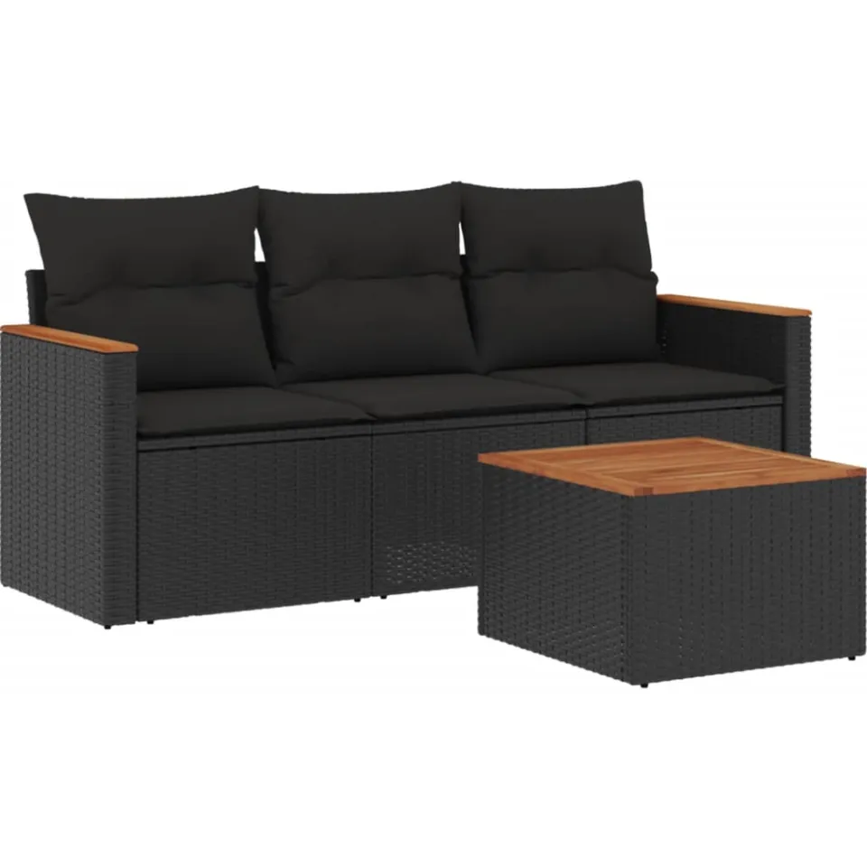 vidaXL 4-delige Loungeset met kussens poly rattan zwart, foto 3