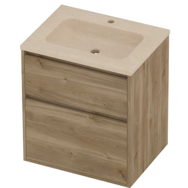 Proline Rollo Badmeubelset Hardsteen Elegant 1 Kraangat Greeploos 60x46x67 cm Sand Stone Cider Oak Eiken