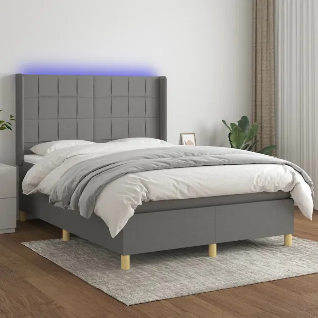 vidaXL Boxspring met matras en LED stof donkergrijs 140x200 cm grijs