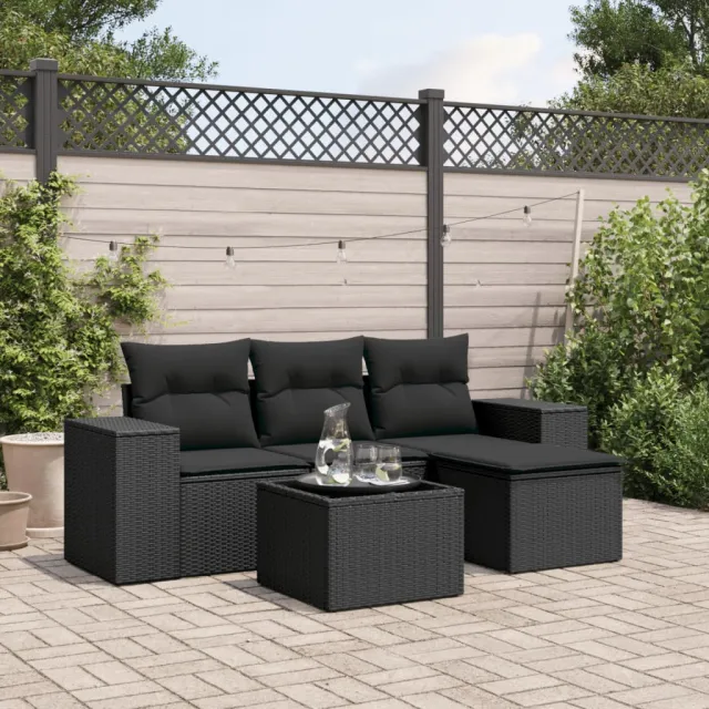vidaXL 5-delige Loungeset met kussens poly rattan zwart, foto 2