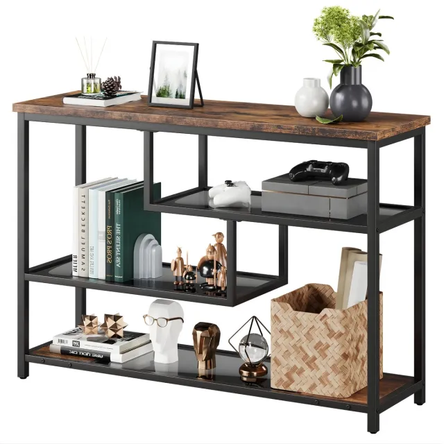 Happiq Smalle Consoletafel 4-Laags - Met Glazen Planken & Metalen Frame - Voor Hal & Woonkamer - Bruin Brown