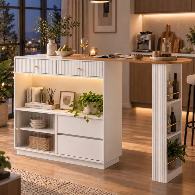 DESMIU Bartafel - Draaibaar en Uitschuifbaar - Met Opbergruimte en Ledverlichting voor de Keuken - Spaanplaat - 120 x 30 x 100 cm - Wit
