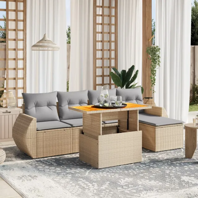 vidaXL 6-delige Loungeset met kussens poly rattan beige, foto 2