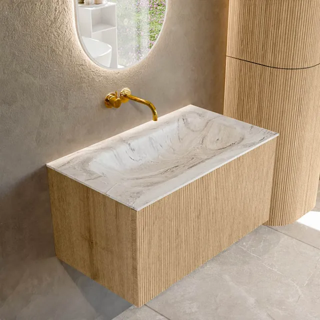 Mondiaz KURVE-DLUX 80 cm Onderkast Greeploos 1 Lade Zonder Deuren Oak, Wastafel Solid Surface Volledig Glace 0 Kraangaten Zonder Spiegel (KRVBGS801L0D0KM-Oak/Gla)