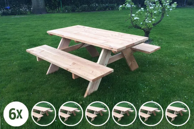 Rockwood® 6x Picknicktafel Douglas Classic 1.50m met afgeronde hoeken Naturel