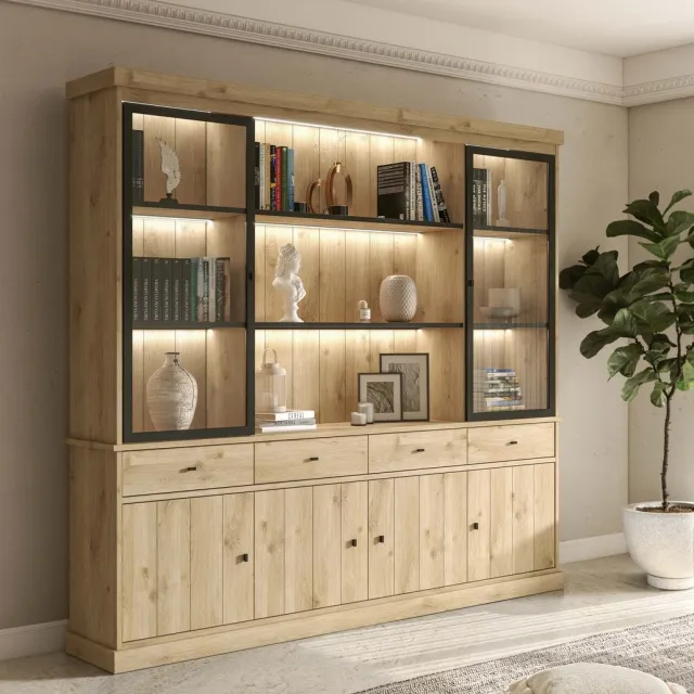 BELFURN Balencia Vitrinekast 240cm – open middenvak met 2 glasdeuren en LED verlichting – lichte eik bruin
