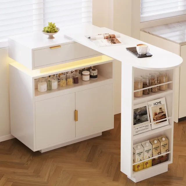 MEUNIQ Uitschuifbare bartafel 115-183 x 40 x 99,5 cm met opbergruimte, LED-verlichting, draaibaar werkblad, keukeneiland voor keuken en eetkamer, wit