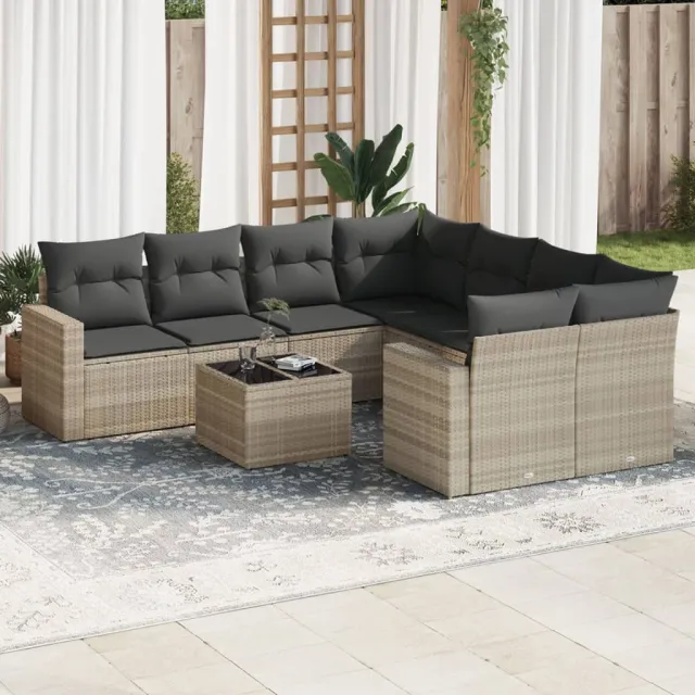 vidaXL 9-delige Loungeset met kussens poly rattan lichtgrijs grijs, foto 2