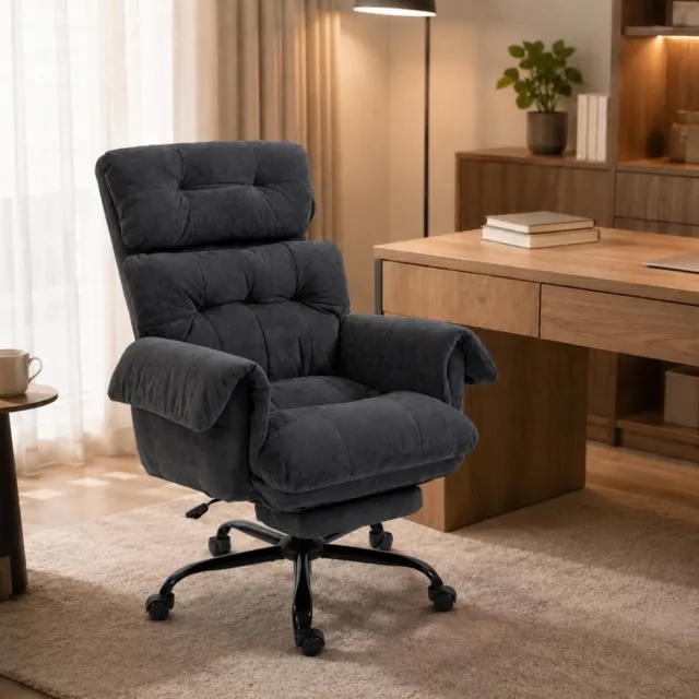 DESMIU Bureaustoel 80 x 77 x 108-116 cm - Verstelbare Rugleuning en Uitschuifbare Voetensteun - Voor Kantoor - Stof en Staal - Donkergrijs