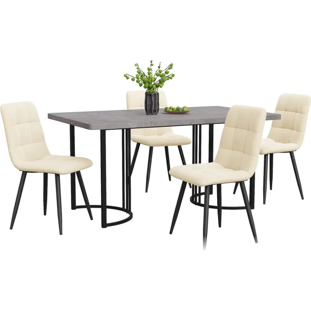 Merax Eetkamerset 5-Delig – Eettafel 140x80 cm Grijs met 4 Beige Fluwelen Eetkamerstoelen – Modern Design
