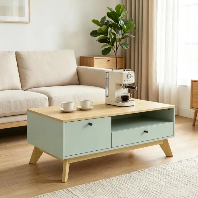 CHICFURN Salontafel 100 cm - Met lade, kast en open vak - Rechthoekig - Woonkamer - MDF - Lichtgroen en eikenkleurig