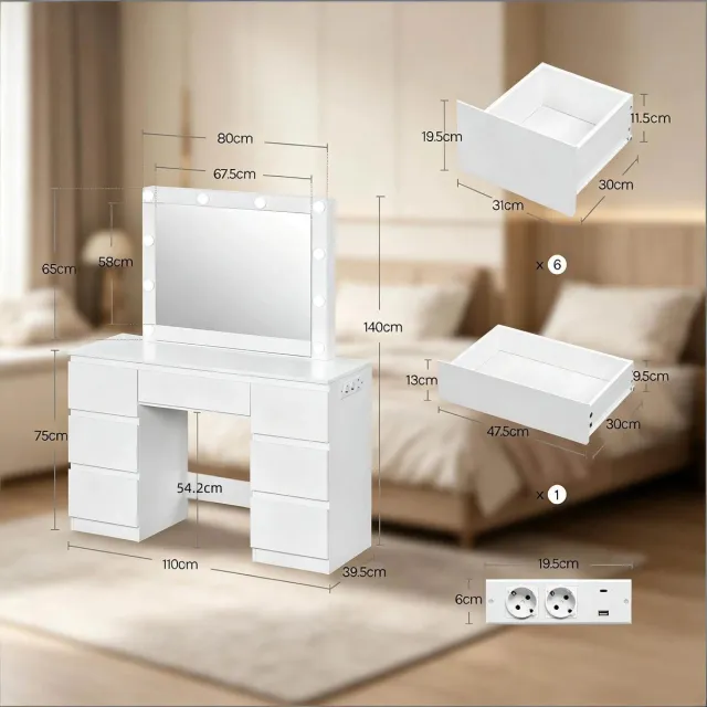 MIVRAY Kaptafel - Dimbare Ledspiegel En 7 Laden - Met Stopcontact Voor Slaapkamer Of Kleedruimte - Wit - 110x39,5x140,5 Cm