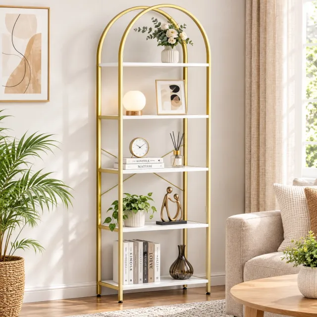 Parasha Nova Boekenrek - Gouden metalen boekenplank - 5 niveaus 180 cm open plank met verstelbare poten - woonkamer staande plank Goud/Wit