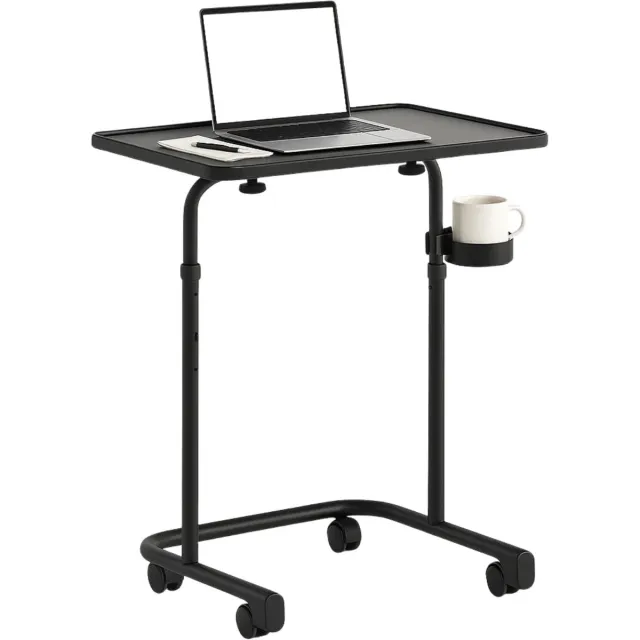Lomera Verrijdbare Bijzettafel - Verstelbare Bijzettafel - Zwart Metalen Frame - Mdf Tafelblad - Kantelbaar Tafelblad - Zwenkwielen Met Rem - Met Bekerhouder - Compacte Bijzettafel - Moderne Bijzettafel - Multifunctionele Tafel nvt