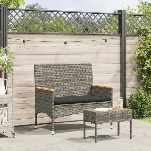 vidaXL Tuinbank 2-zits met kussens en tafel poly rattan grijs Zwart