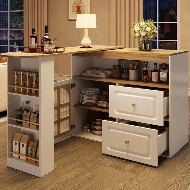 WUVRIE Uitschuifbare statafel 138-204x39x104 cm - 360° draaibaar met 2 lades - Wit