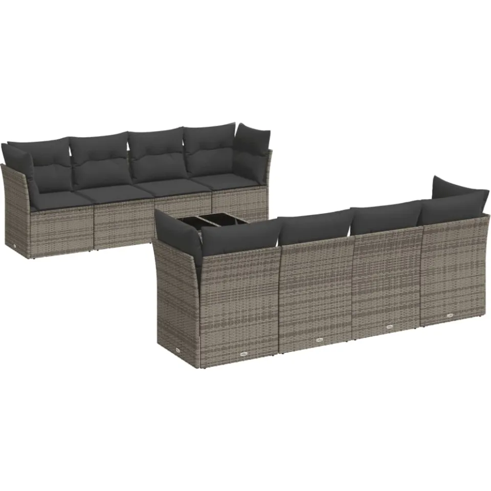 vidaXL 9-delige Loungeset met kussens poly rattan grijs