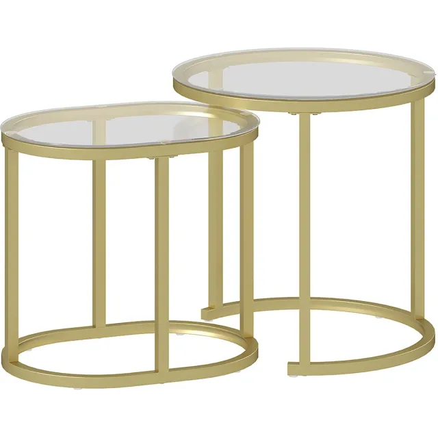 Homona Salontafelset - Set van 2 - Stapelbaar - Met gehard glas en stalen frame - Ø50 x 50,5 cm en 60 x 36 x 43,5 cm - Grijs Goud