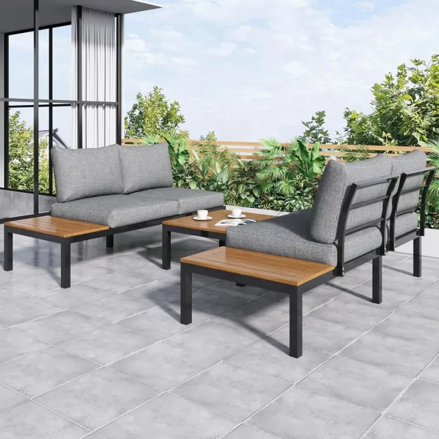 Laura Moderne 2-Zits Tuin Loungeset met Tafel en Bijzettafels 120x60x66 cm – Comfortabele Outdoor Bankset van Acaciahout & Verzinkt Staal – Ideaal voor Tuin, Terras en Serre – Laura Grijs