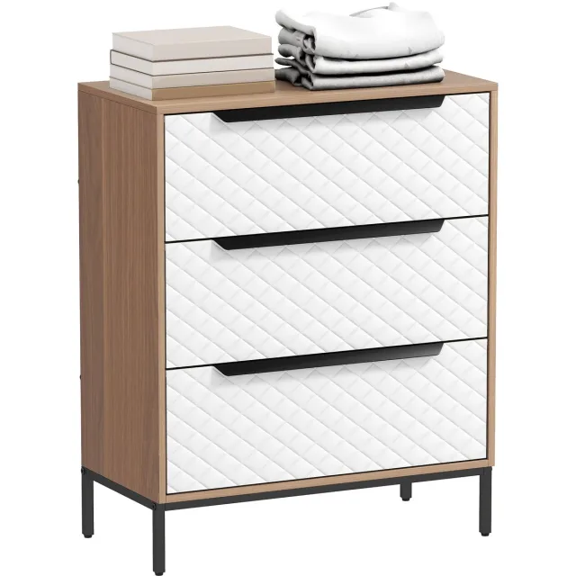 sogiol Social® Ladekast met 3 Stoffen Lade - Commode met Diamantpatroon - Opbergkast voor Slaapkamer - Woonkamer en Kantoor - Houtlook en Wit - 59,5x30x73,5 cm