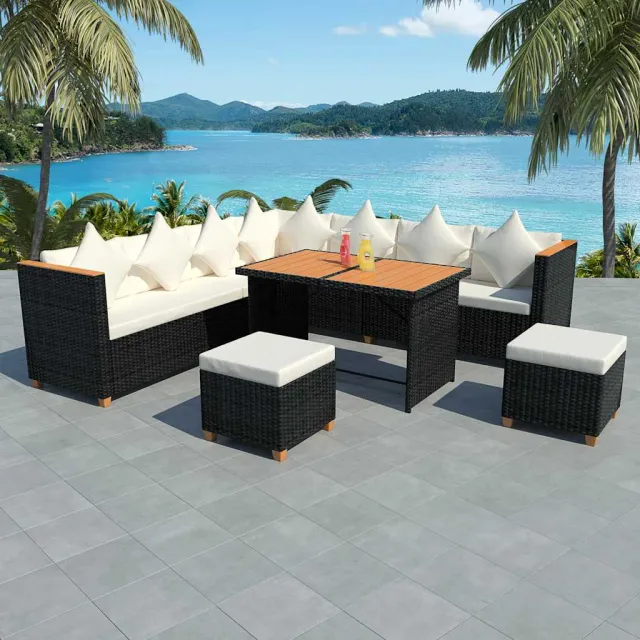 vidaXL 7-delige Loungeset met kussens poly rattan zwart