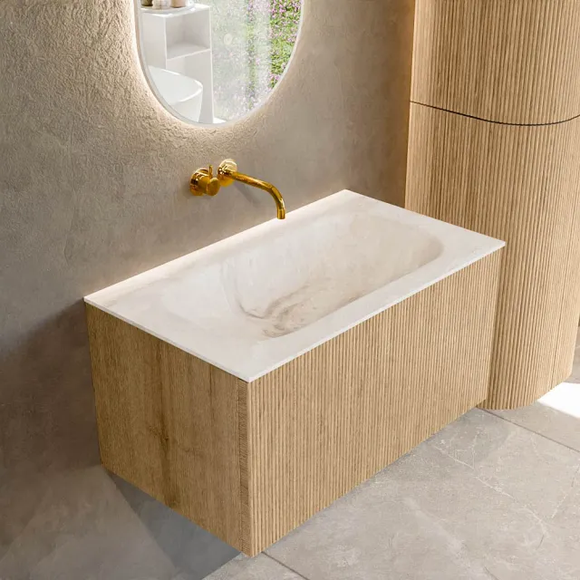 Mondiaz KURVE-DLUX 80 cm Onderkast Greeploos 1 Lade Zonder Deuren Oak, Wastafel Solid Surface Volledig Frappe 0 Kraangaten Zonder Spiegel (KRVBGS801L0D0KM-Oak/Fra)