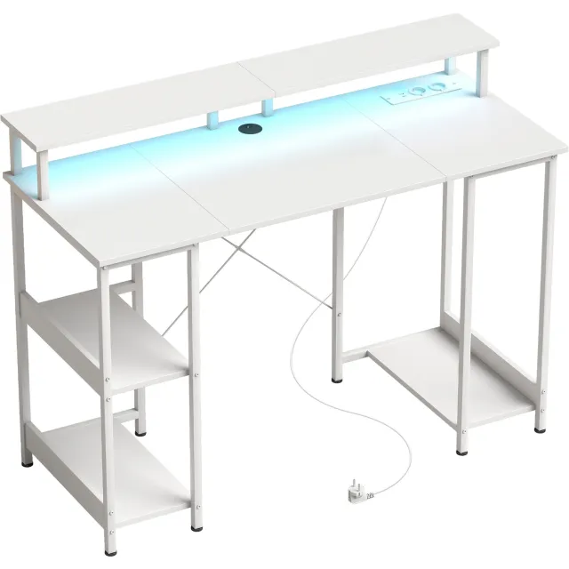 MUVANO Computerbureau met ledverlichting - bureau met twee stopcontacten - 120 x 50 cm - omkeerbaar opbergrek - dubbele monitorverhoger voor thuiswerken en gamen, wit