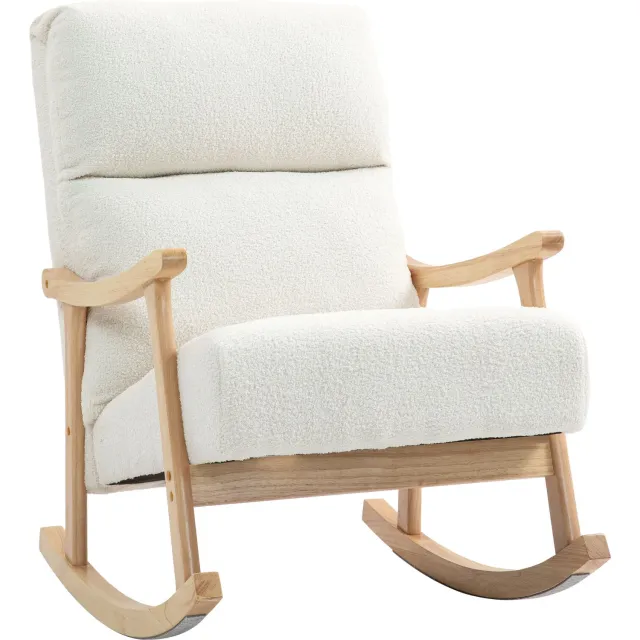 Homona Schommelstoel - Met armleuningen en houten frame - Polyester met fluweellook - 65 x 90 x 98 cm - Crèmewit