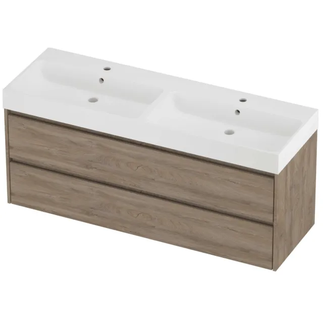 Proline Podium Badmeubelset Polystone Loft 2 Gaten 140x46x62 cm Mat White Raw Oak Eiken