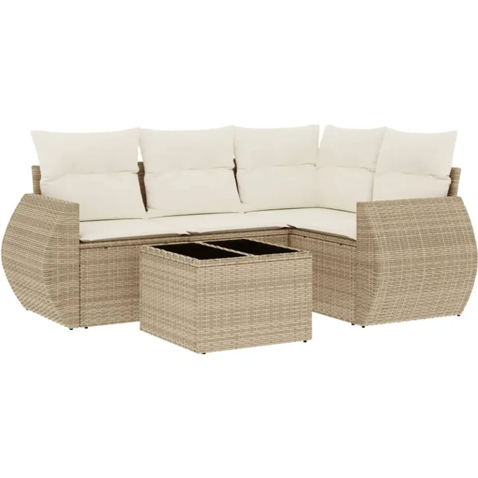 vidaXL 5-delige Loungeset met kussens poly rattan beige