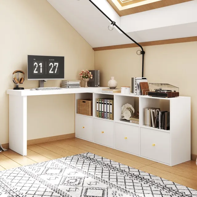 MIVRAY Hoekbureau - Draaibaar L-Vormig Bureau Met 4 Lades En 4 Vakken - Voor Kantoor En Thuiskantoor - MDF - Wit - 140x120x78 Cm
