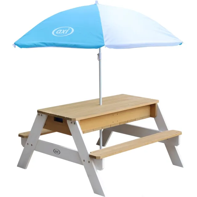 Axi Nick Zand & Water Picknicktafel (2 bankjes) in Bruin/Wit met Parasol - Deluxe - Picknick tafel voor kinderen van hout Wit-Bruin
