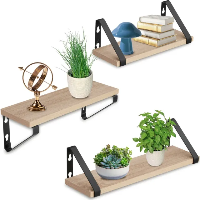 Tectake Wandplanken - Hangplanken van hout - Boekenplank - Zwevende planken voor woonkamer, slaapkamer, kantoor - Industrieel design - Zwart metalen frame - Afmeting (LxBxH) 30x12x12 cm, 35x12x12cm en 40x12x12 cm - Set van 3 planken - Lichtbruin