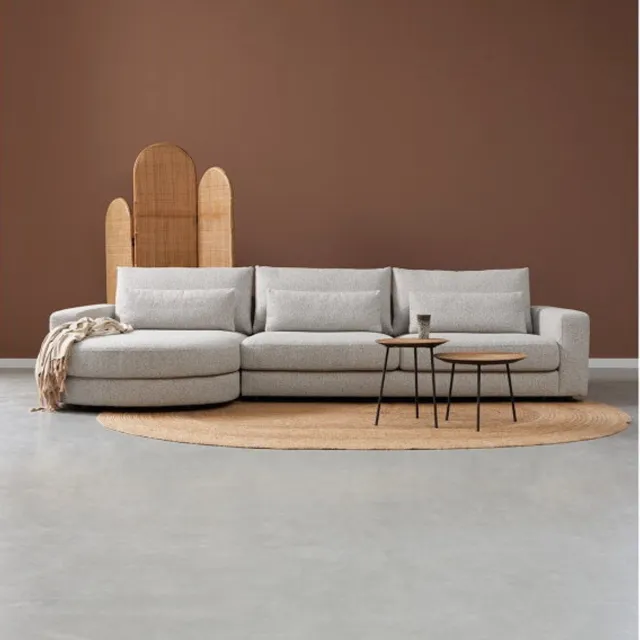 PEPP Interiors COMO hoekbank met ronde chaise longue links - stof Puente 09 lichtgrijs - 285x218x85 cm