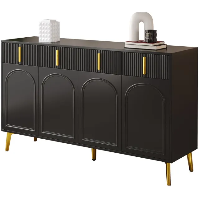 DESMIU Dressoir - Vier Deuren En Vier Laden - Verstelbare Planken Voor Woonkamer En Eetkamer - MDF - 140 x 38 x 82 Cm - Zwart
