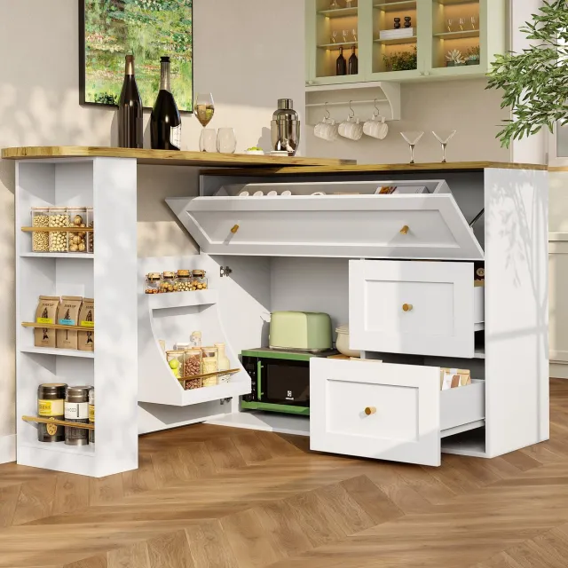 COVREO Bartafel 138-204 x 39 x 105 cm - uitschuifbaar, met opbergruimte en klaplades, wit