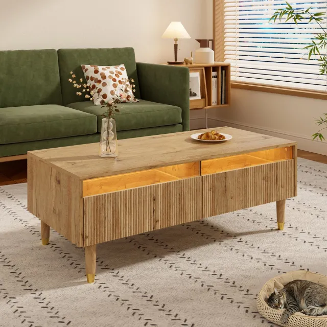 Wishdor Salontafel 110x50x40 cm van MDF en massief hout, golvende ladefronten met 7-kleurige LED-verlichting