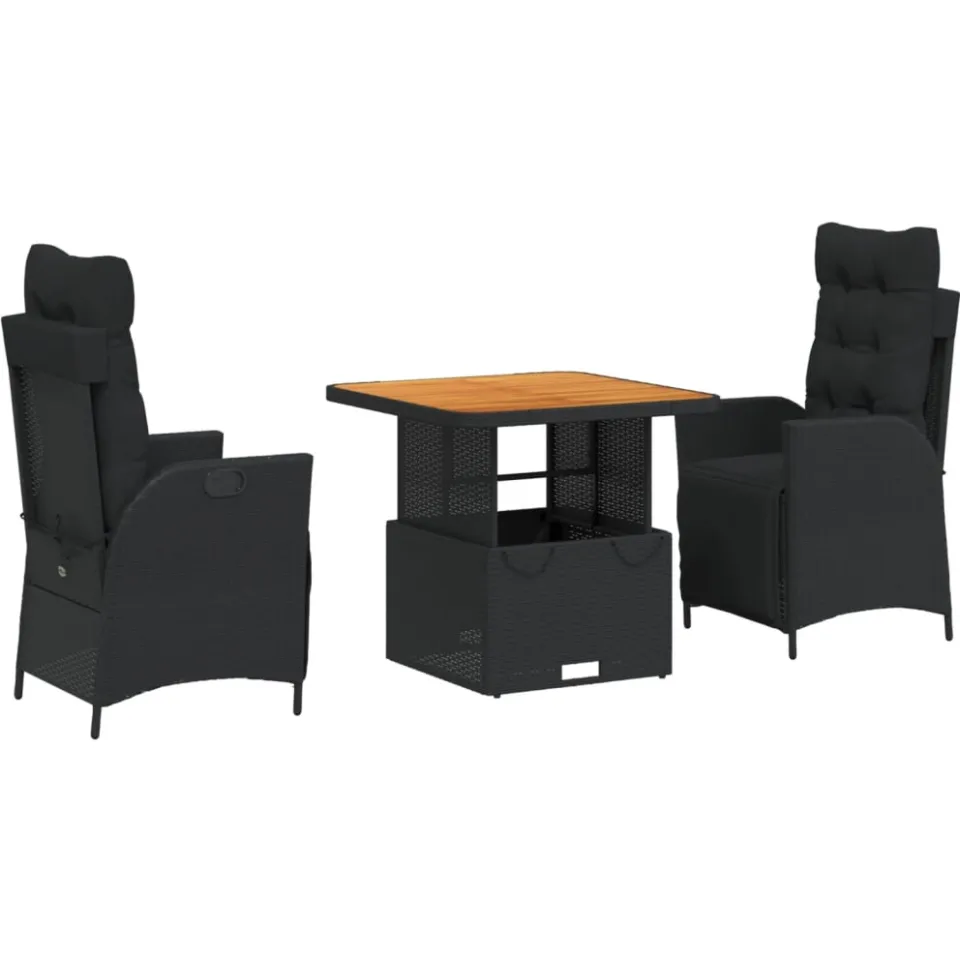 vidaXL 3-delige Tuinset met kussens poly rattan zwart