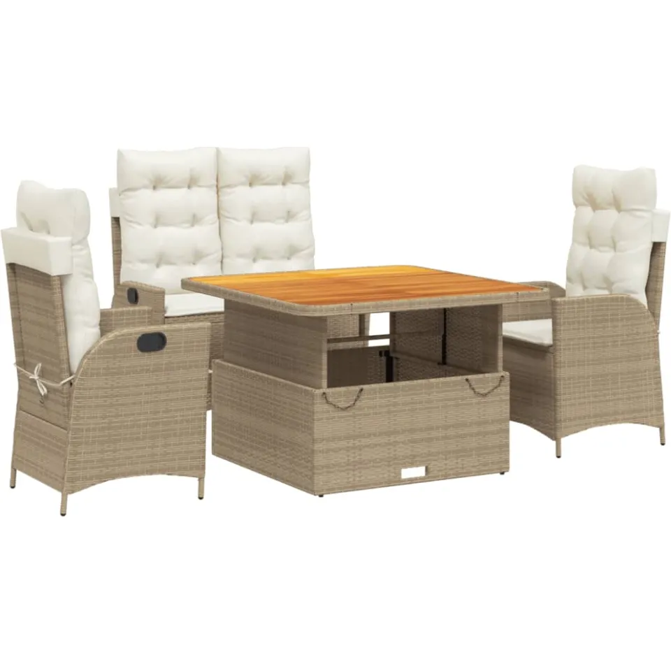 vidaXL 4-delige Tuinset met kussens poly rattan beige
