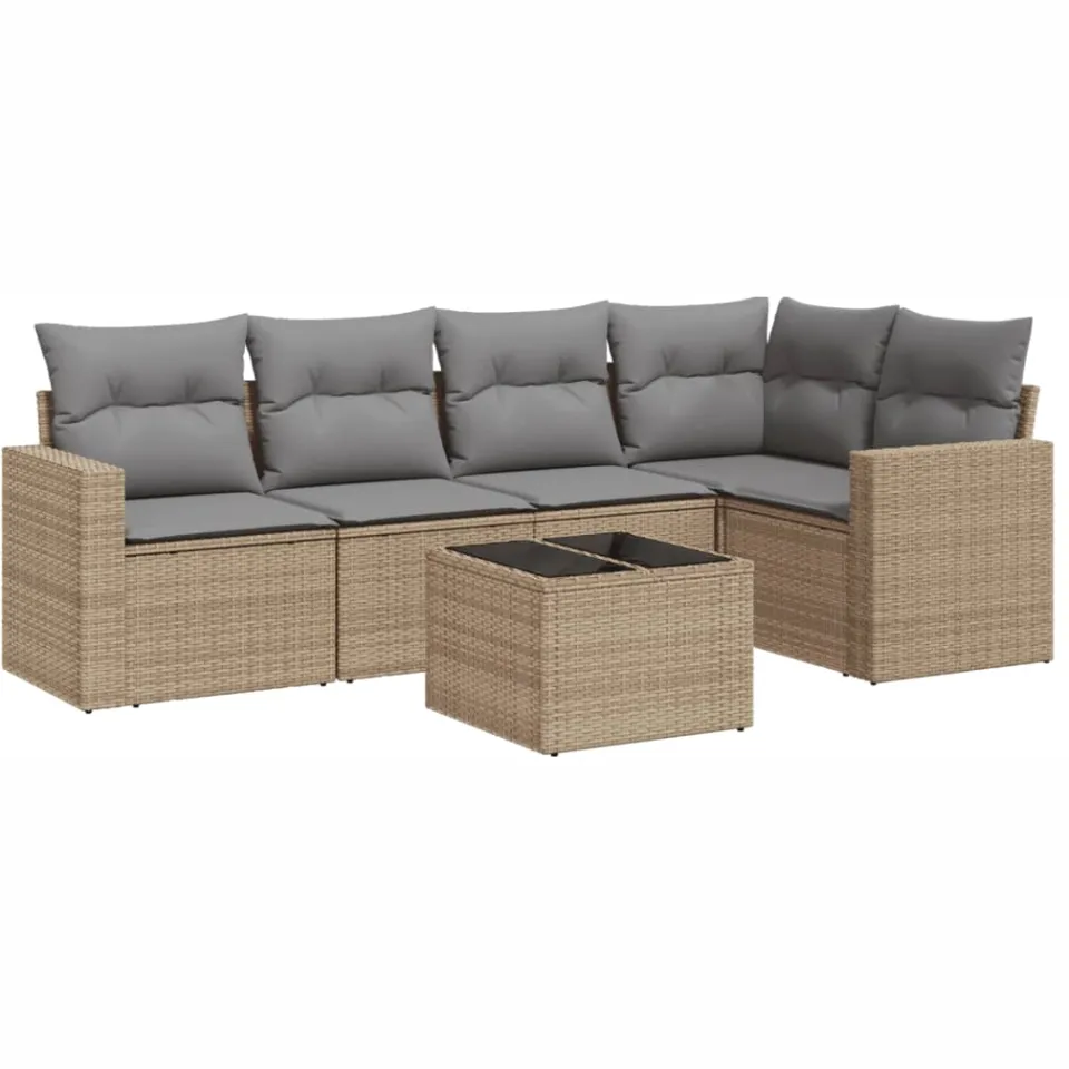 vidaXL 6-delige Loungeset met kussens poly rattan beige