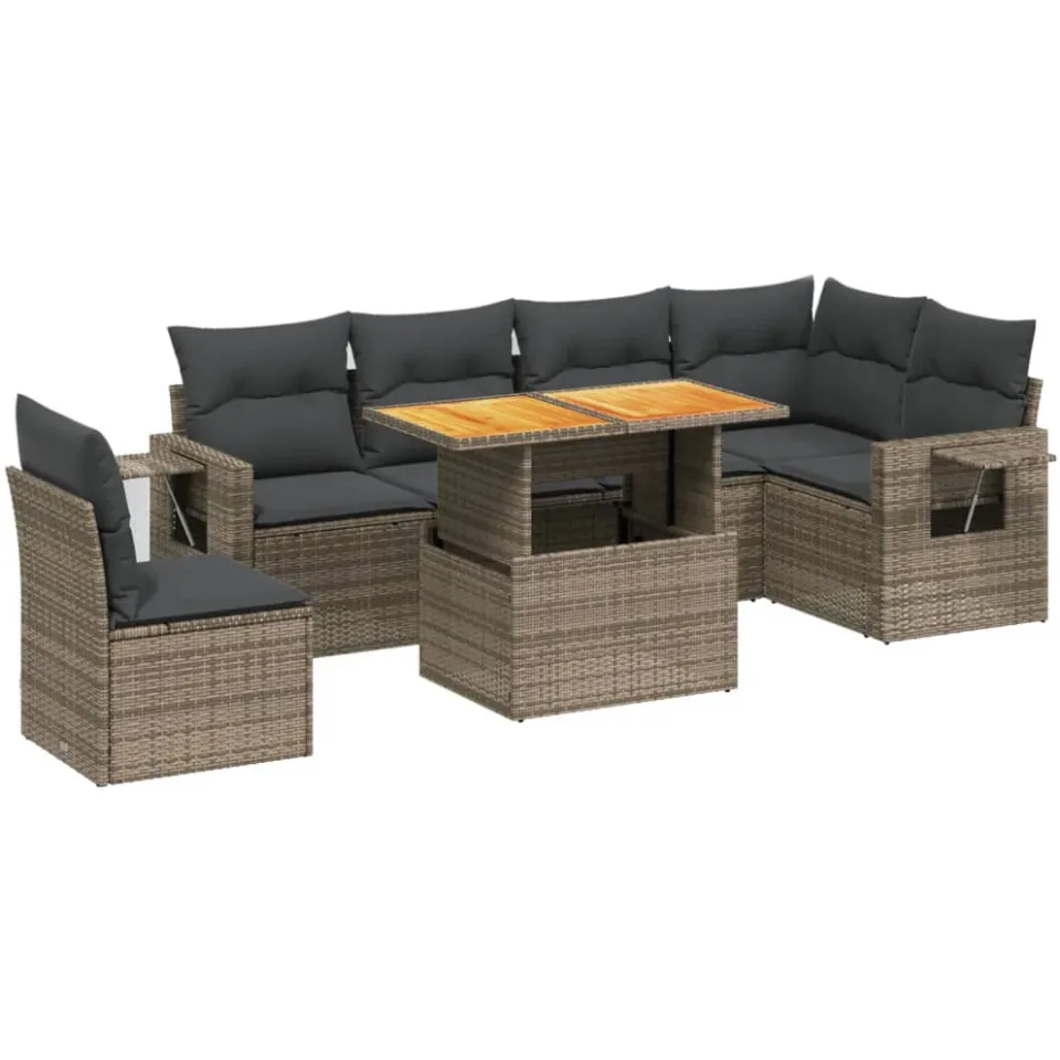vidaXL 7-delige Loungeset met kussens poly rattan grijs