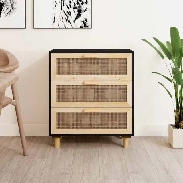 vidaXL Dressoir 60x30x70 cm massief grenen hout en rattan zwart, foto 2