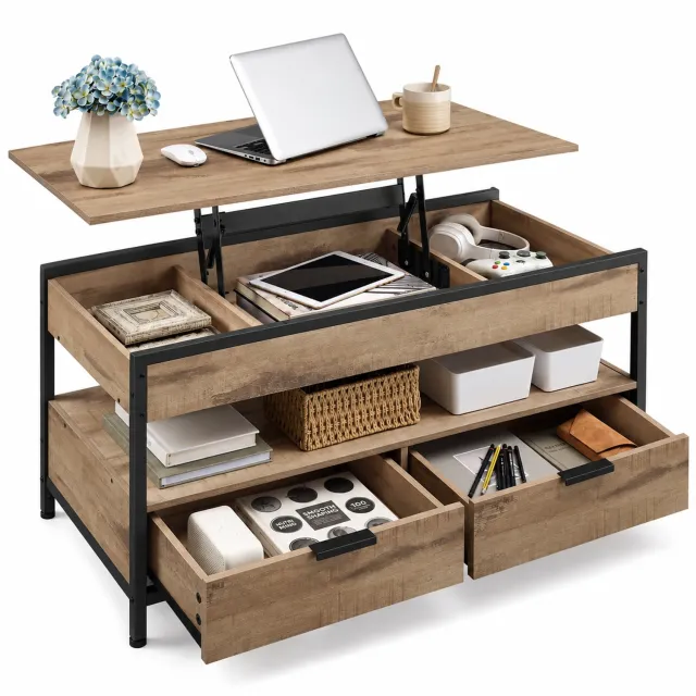 Kymmi Salontafel - Woonkamer tafel - Verstelbaar tafelblad - 3 Opbergvakken - 2 Lades - Industrieel - Bruin & zwart - 100x50x48-63cm