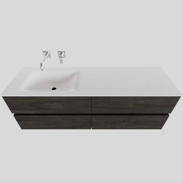 Boss & Wessing Badkamermeubel Solid Surface BWS Stockholm 200x46 cm Wood Dark Brown Wasbak Links (0 kraangaten, 4 lades)