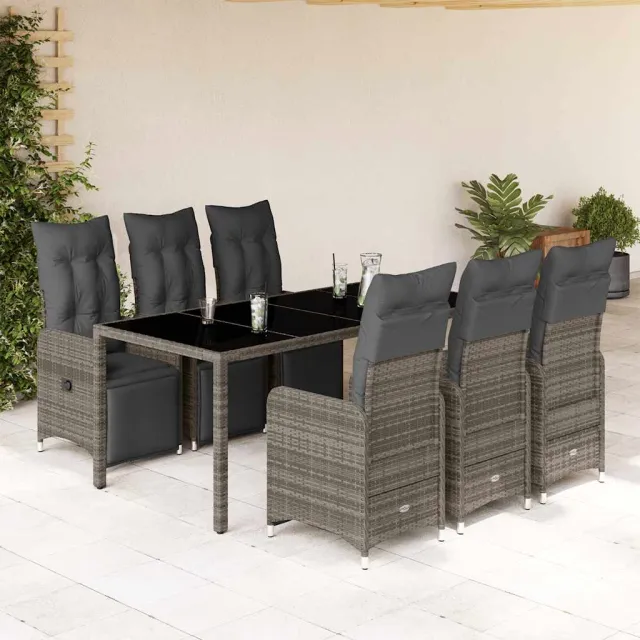 vidaXL 7-delige Bistroset met kussens poly rattan grijs, foto 2