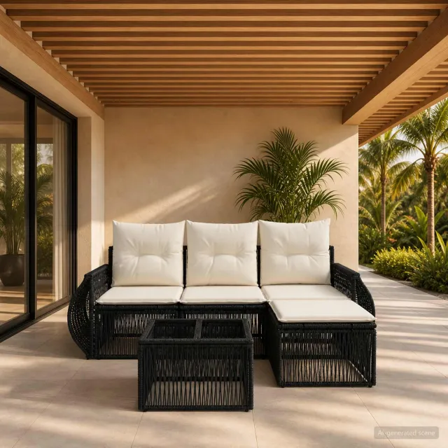vidaXL Tuinbankenset 5 st 4-zits Zwart en Cream Wit poly rattan, foto 2