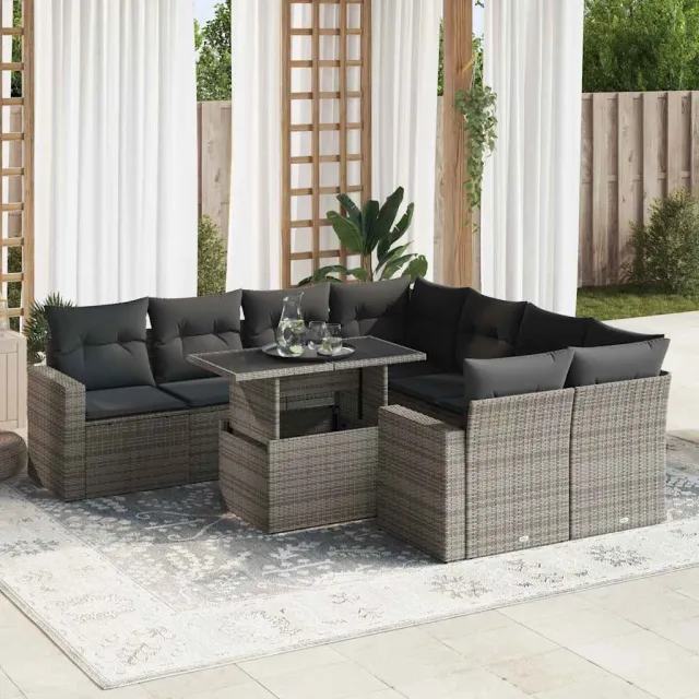 vidaXL 9-delige Loungeset met kussens poly rattan grijs, foto 2