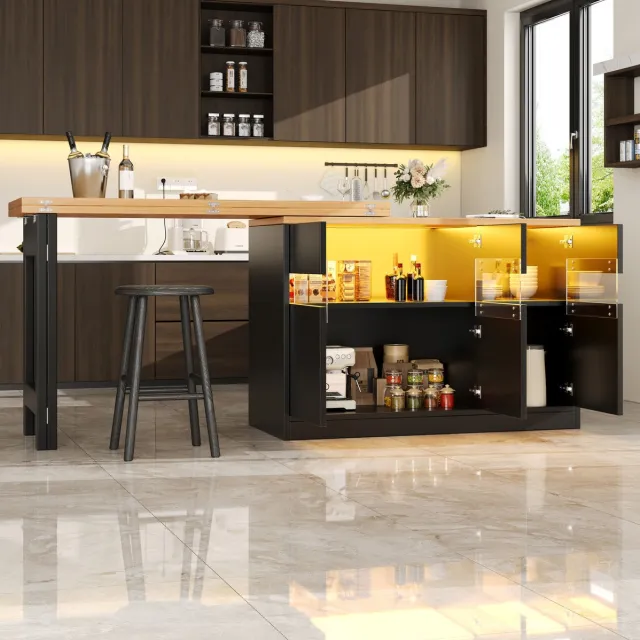 MEUNIQ uitschuifbare bartafel 120-180 x 40 x 71,5 cm met LED-verlichting, 360° draaifunctie, opbergruimte en glazen deuren voor eetkamer, woonkamer of thuiskantoor Zwart
