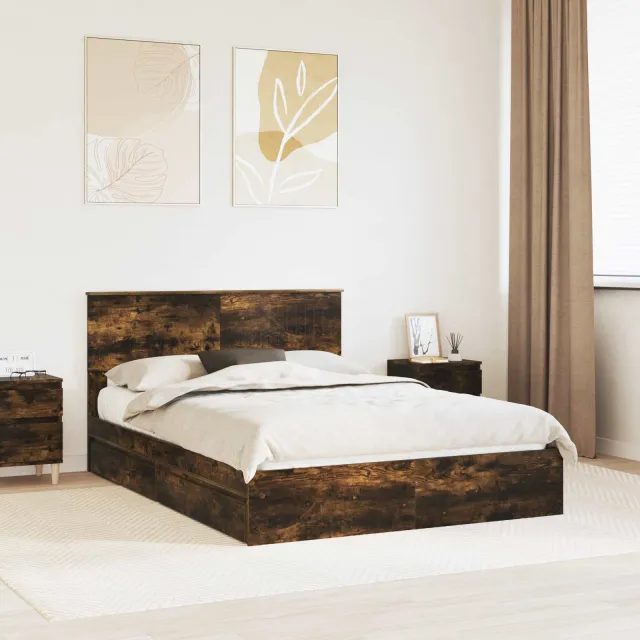 vidaXL Opslag bed met lade Gerookt eiken 135 x 190 cm Bewerkt hout Bruin